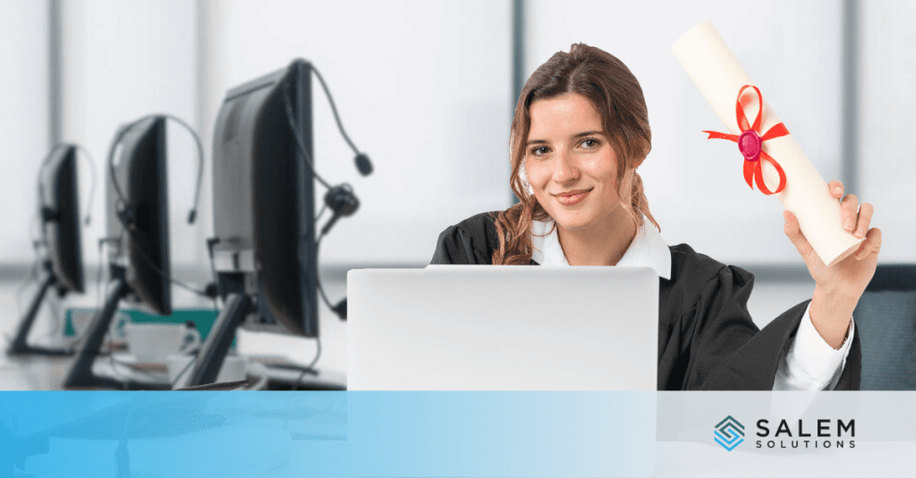 A woman in a graduation gown proudly holds her diploma, symbolizing success in landing her first job after graduation.