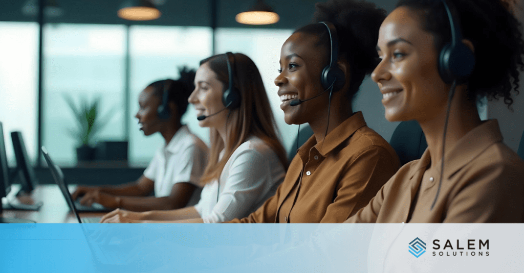 Banking call center representatives providing customer support services in modern office, highlighting temporary and direct hire staffing solutions for compliance needs