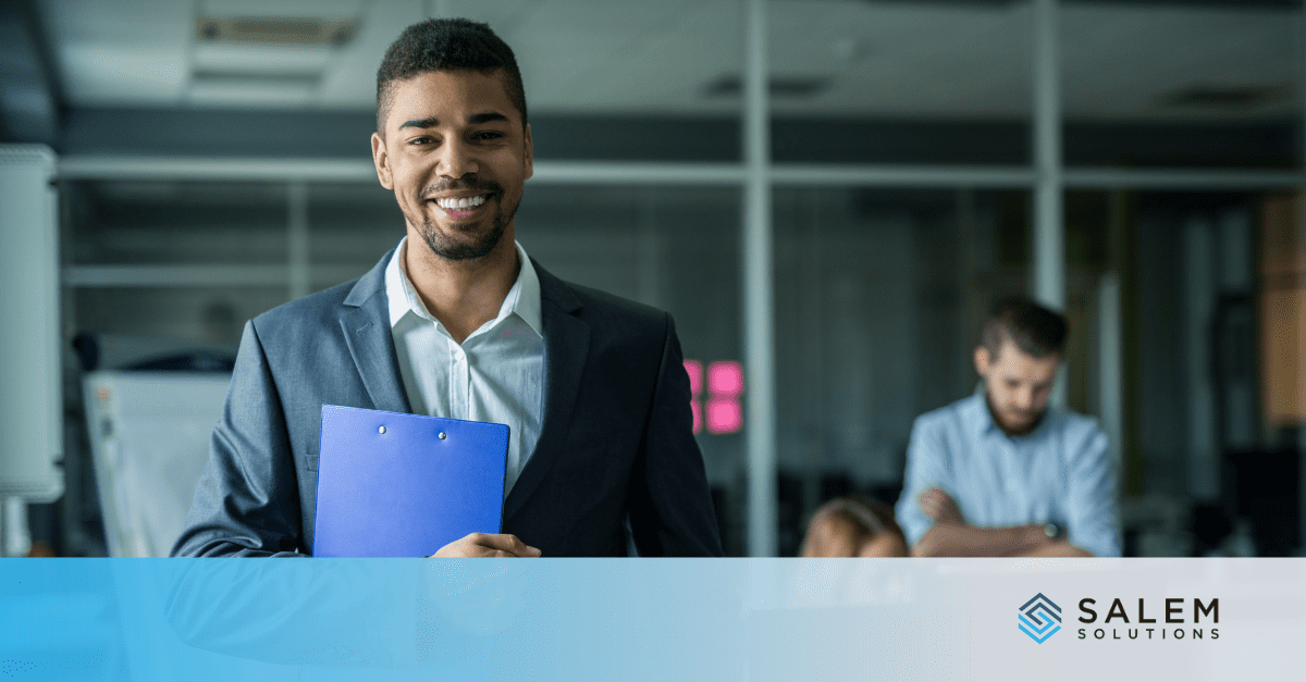 Professional job candidate smiling with resume folder in modern office, ready to secure a banking and finance call center role.