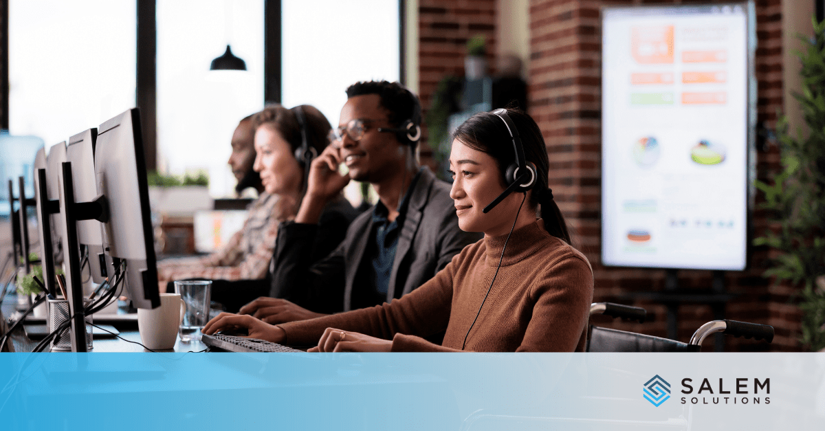Customer service team with headsets working at computers to prevent staffing gaps and burnout.