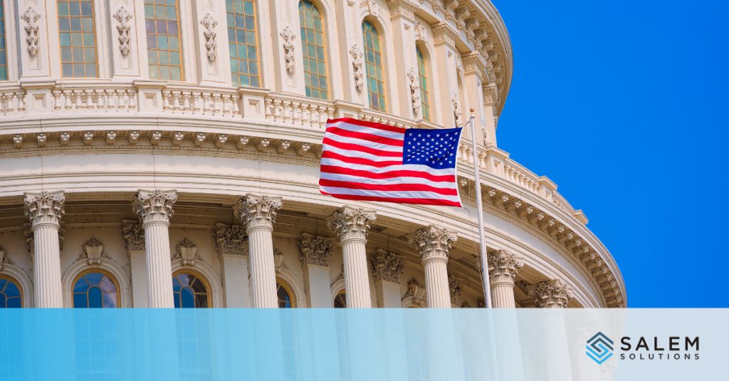US Capitol building with American flag representing surge staffing needs for federal contract centers.