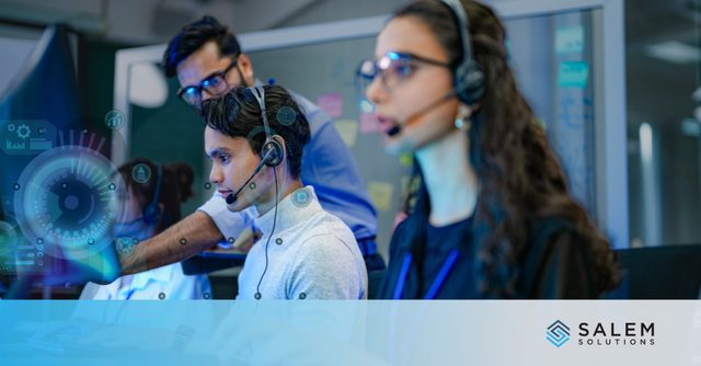 Call center agents wearing headsets working at computers with digital SLA performance metrics overlay.
