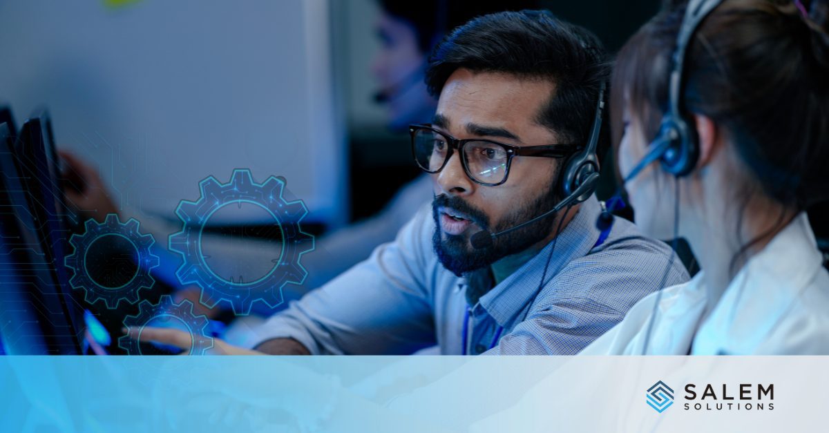 Call center agents with headsets and digital gear icons illustrating call center staffing and technology integration