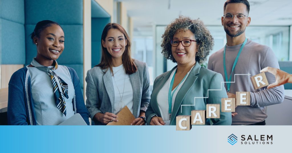 Diverse team of professionals representing agent career paths in federal contact center environment.