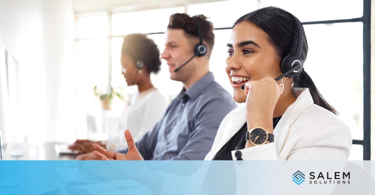 Customer service team with headsets in call center where time-to-fill efficiency is critical for operations.